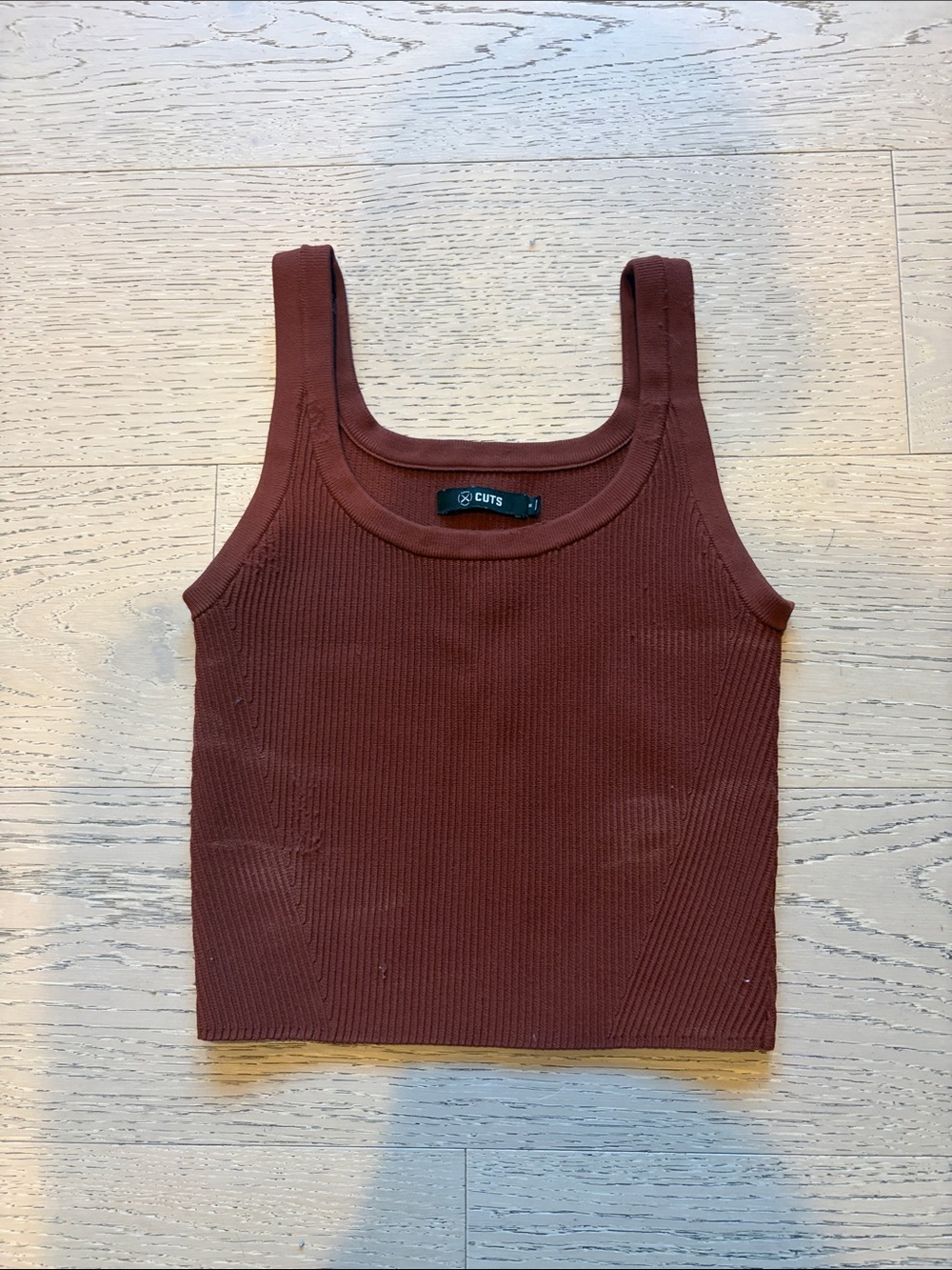 Cuts Clothing Ribbed Square Crop Tank in Brown